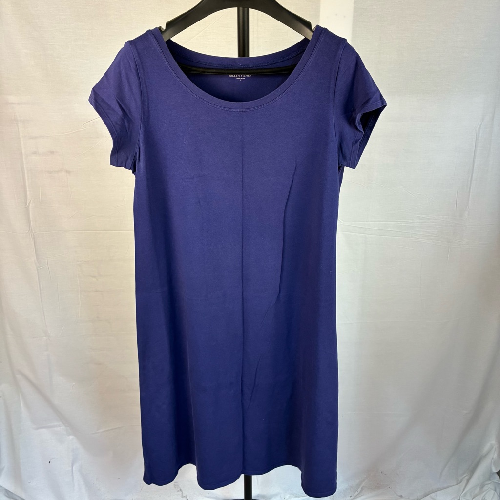 Eileen Fisher Organic Cotton Indigo Blue Short Sleeve Dress L